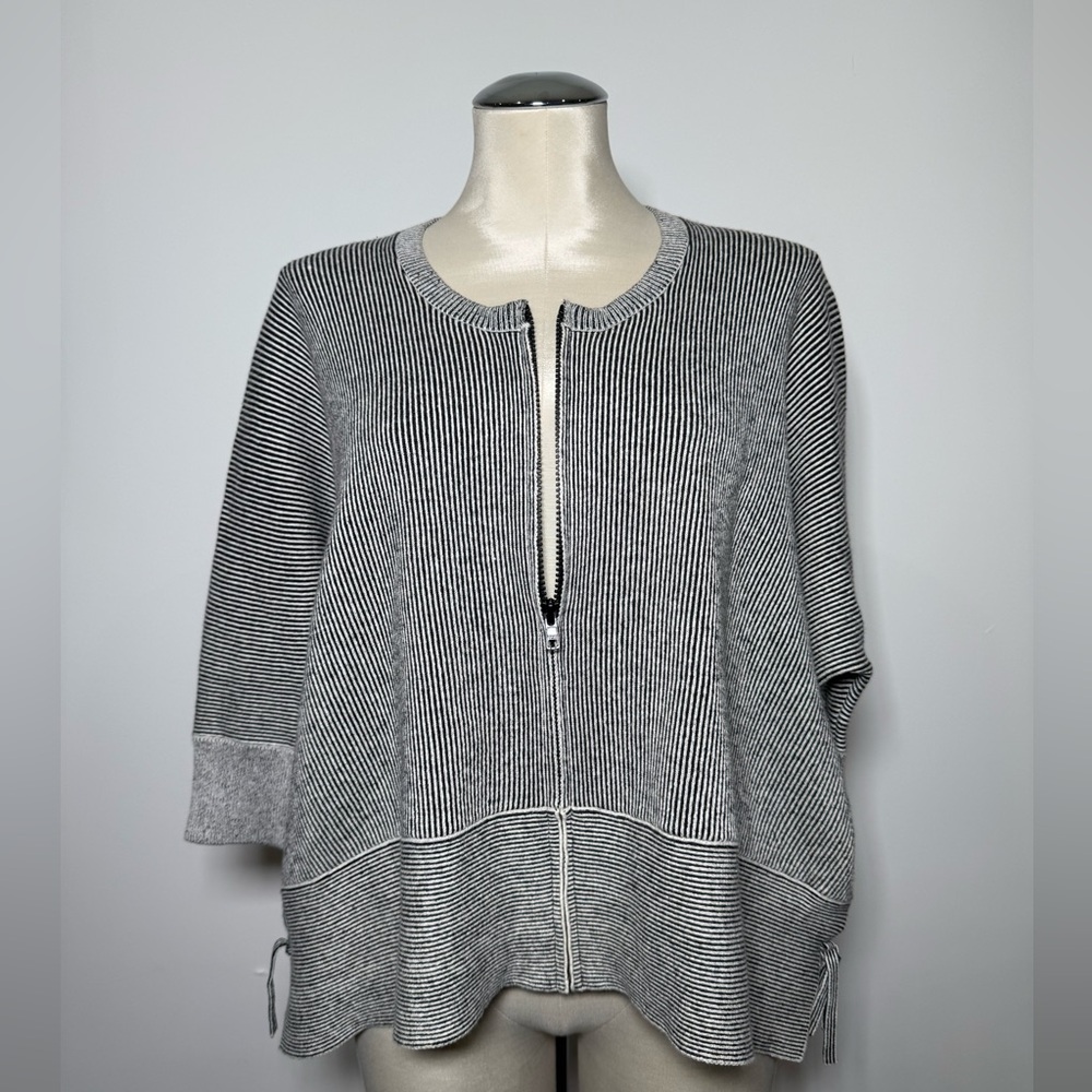 CAbi Gray & White Striped Zip-Front Sweater Cardigan - Picture 2 of 6